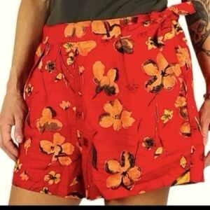 Lilka Anthropologie Floral Tie High Rise Red 100% Linen Shorts Medium
